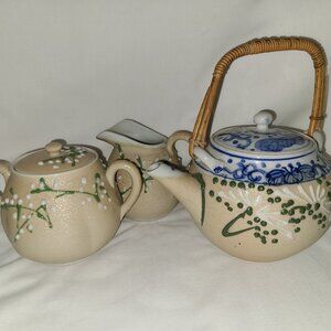 Personal Tea Pot, Creamer, Sugar - Handcrafted Salt-Glazed Ceramic, Vintage